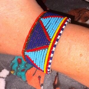 Tribal Cuff Bracelet Women 7in Blue Good Geometric Southwestern Snap